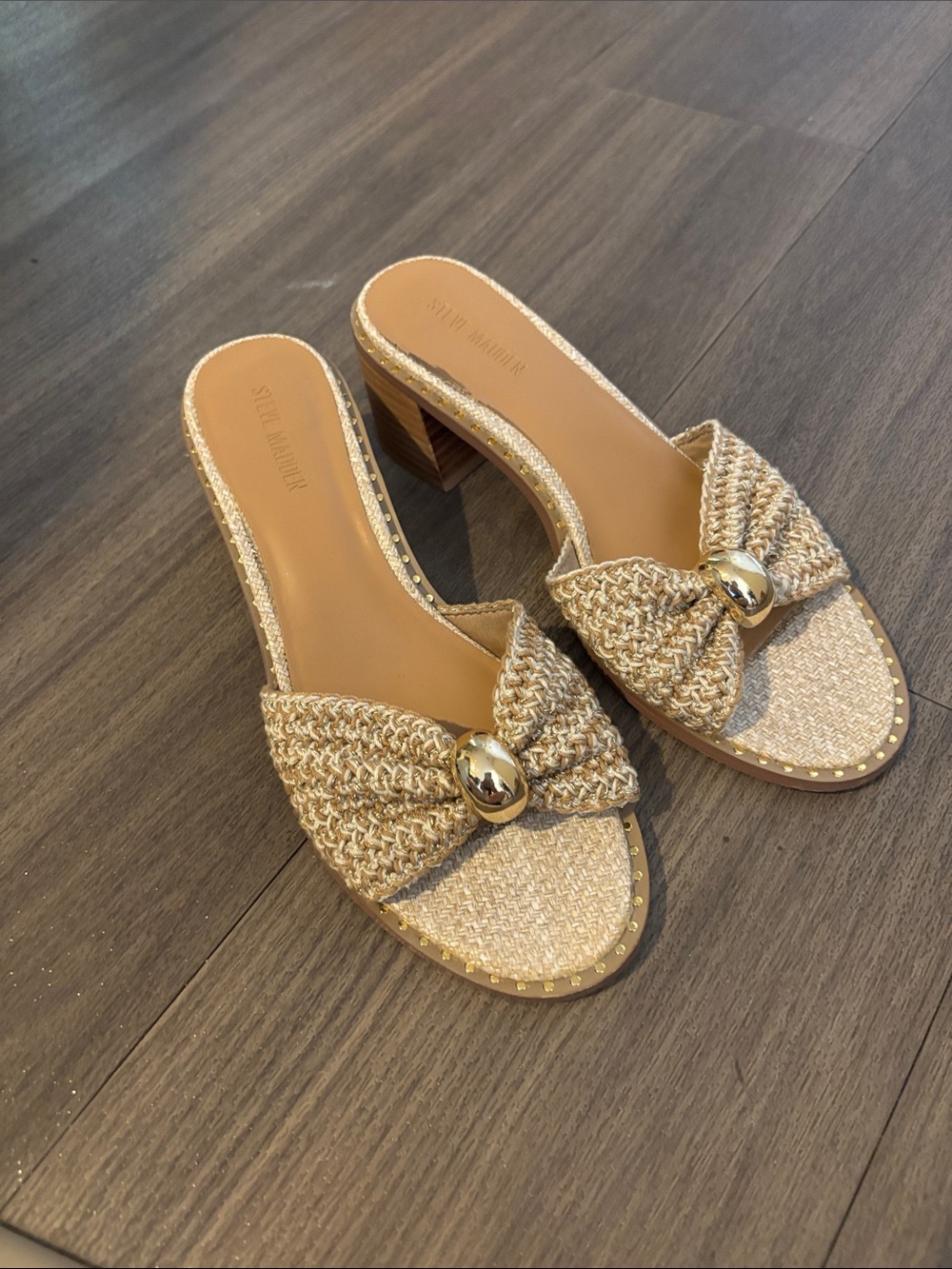 Steve Madden Natural Woven Bow Block Heel Slides with Gold Accent